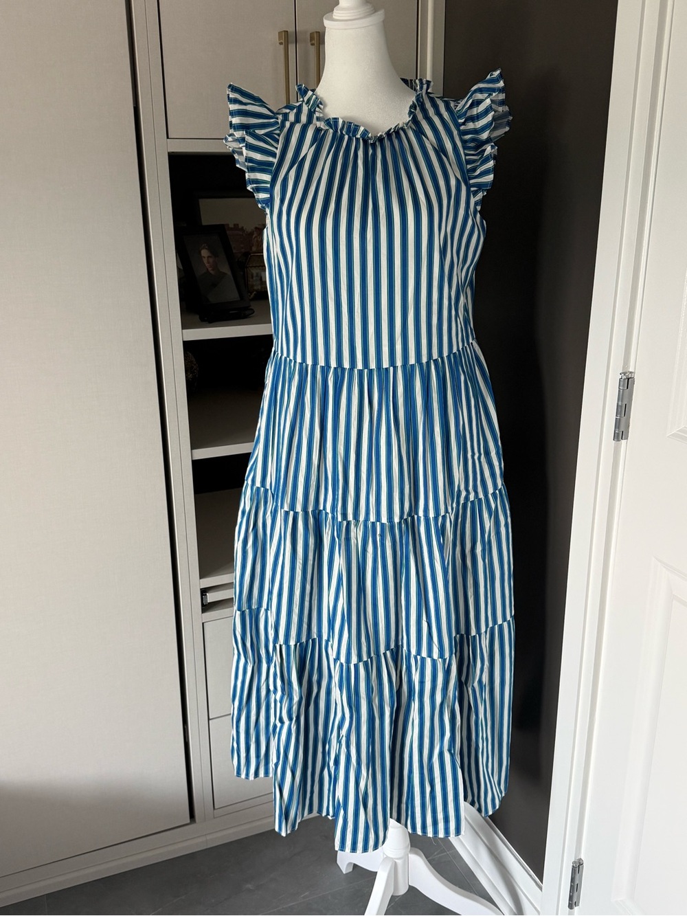 J. Crew Blue and White Striped Tiered Maxi Dress with Ruffle Sleeves